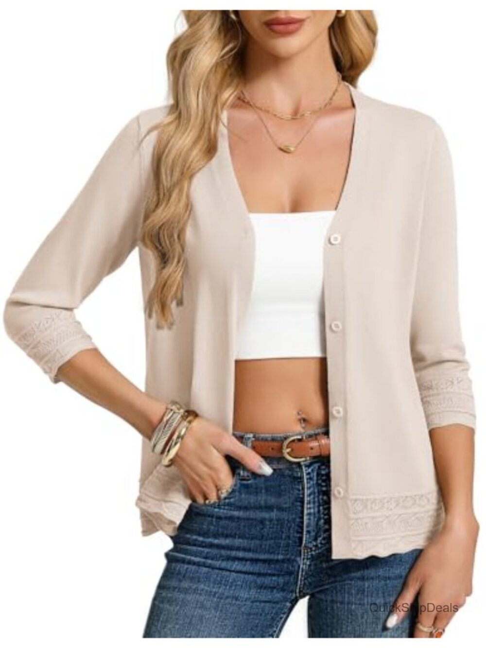 Women's 3/4 Sleeve Knit Cardigan with V-Neck Button